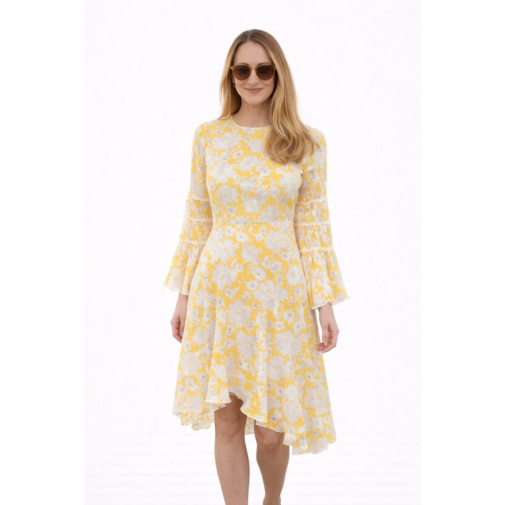 Vintage Mr Bob Prairie Hippie Dress 70s Yellow White Rick Rack Bell Sleeve